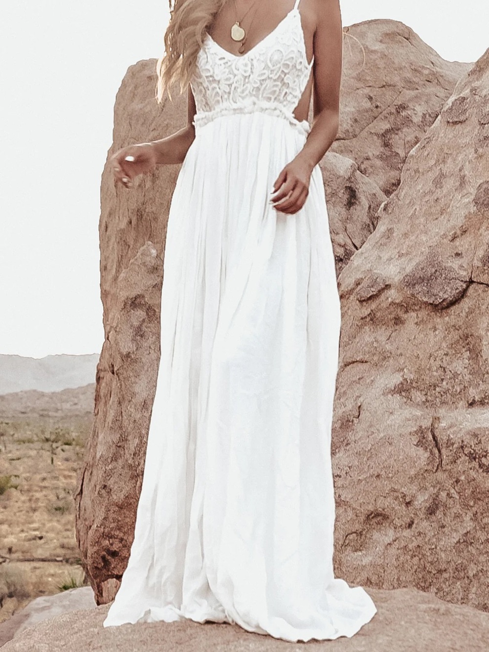 Fashion Nova Boho Camilla Open Back Crochet Maxi Dress in White Small